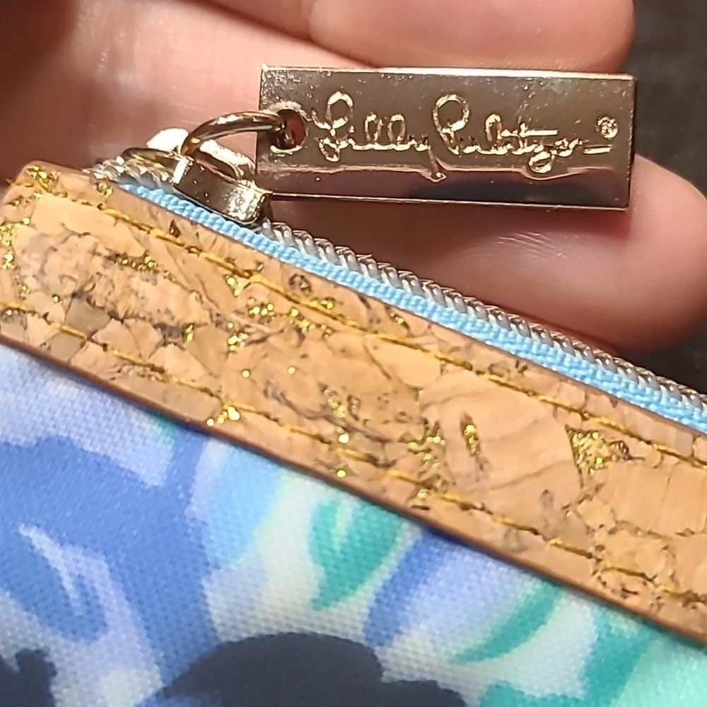 Lilly Pulitzer Blue Floral With Cork Detail Zipper Pencil Pouch
